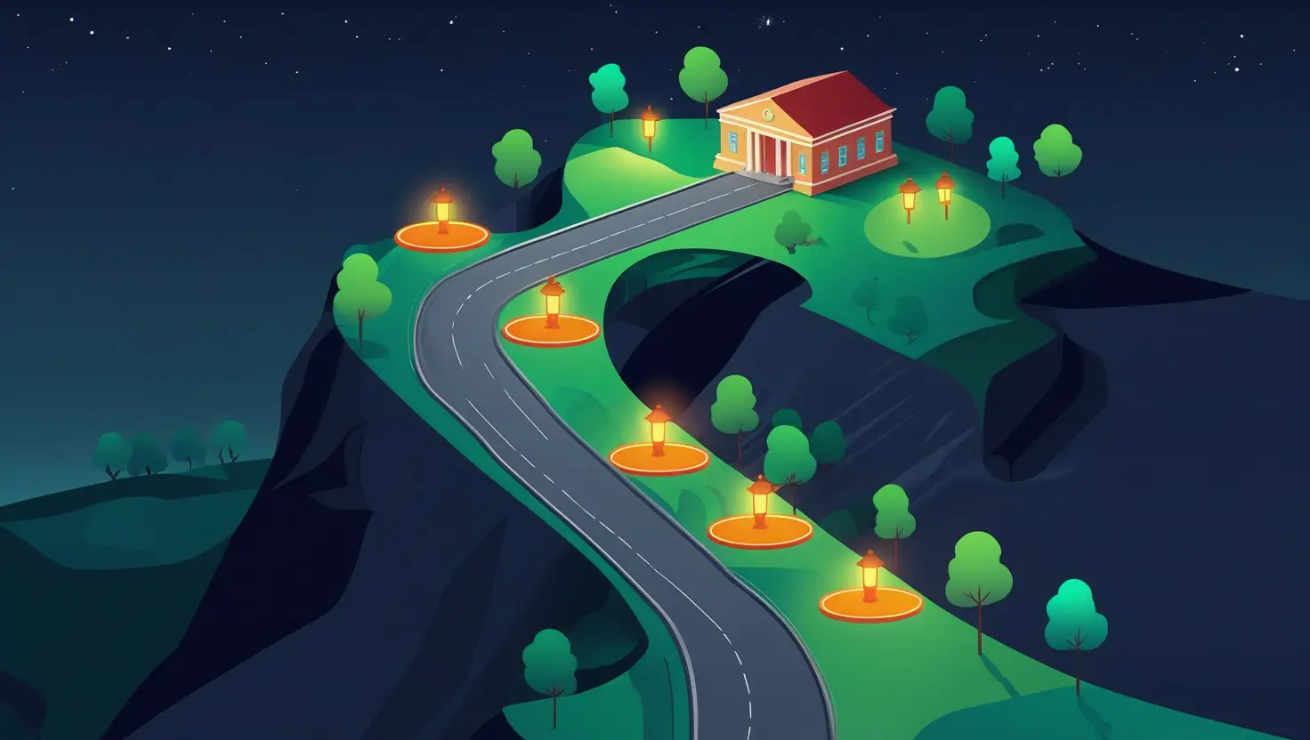 A lantern-lit road climbing to a school